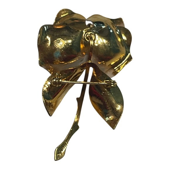 Signed VTG Giovanni Cerrito 22K Gold Plated White Enamel Rose Brooch – 2.25” - Picture 3 of 7